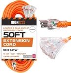 Iron Forge Cable 10 Gauge 50ft Lighted Outdoor Heavy Duty Extension Cord with 3 Outlets - 15 Amp 10/3 SJTW Orange Extension Cord with Multiple Outlets