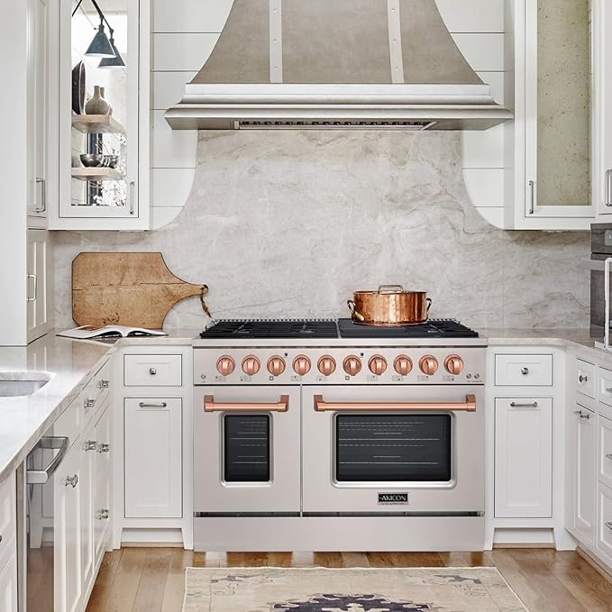 Akicon 48 Inch Freestanding Gas Range - 6.7 cu. ft. Double Rapid Convection Oven - Gas Stove with 8 Sealed Burners & a Griddle, Heavy Duty Cast Iron Grates (Copper & Stainless Steel)