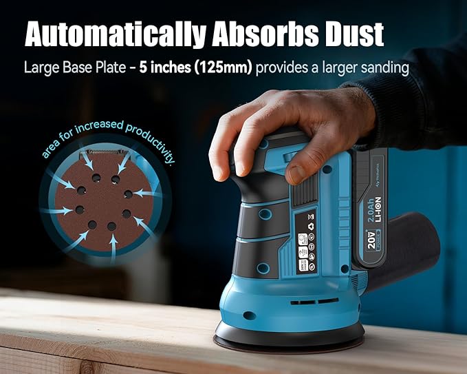 Tilswall 20V Cordless Orbital Sander, 5" Electric Palm Hand Sander Tool with Vacuum Dust Collector, Random Orbit Power Sander for Woodworking, Furniture, Deck Sanding (Battery and Charger Included)