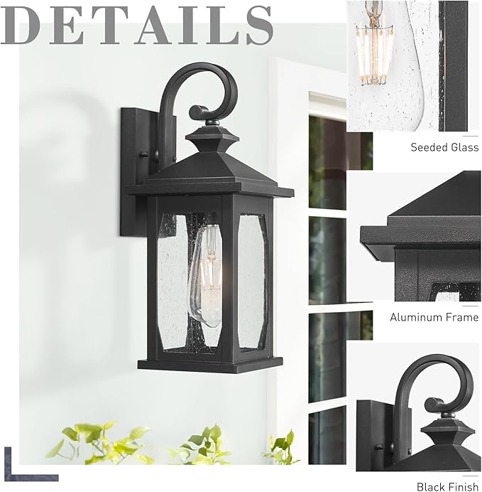 zeyu 1-Light Exterior Light Fixture, 14.4 Inch Outdoor Wall Lantern for Patio House, Die-Cast Aluminum with Seeded Glass, Black Finish, ZD99B BK