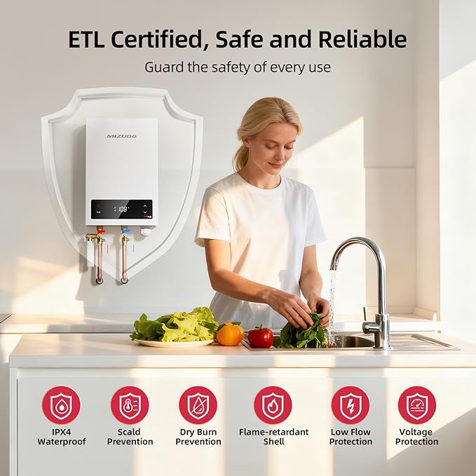 11kW Tankless Water Heater Electric, MIZUDO 240 Volt Instant Hot Water Heater, Up to 2.6 GPM for 1-2 Point of Use, with LED Digital Display, ETL Certified