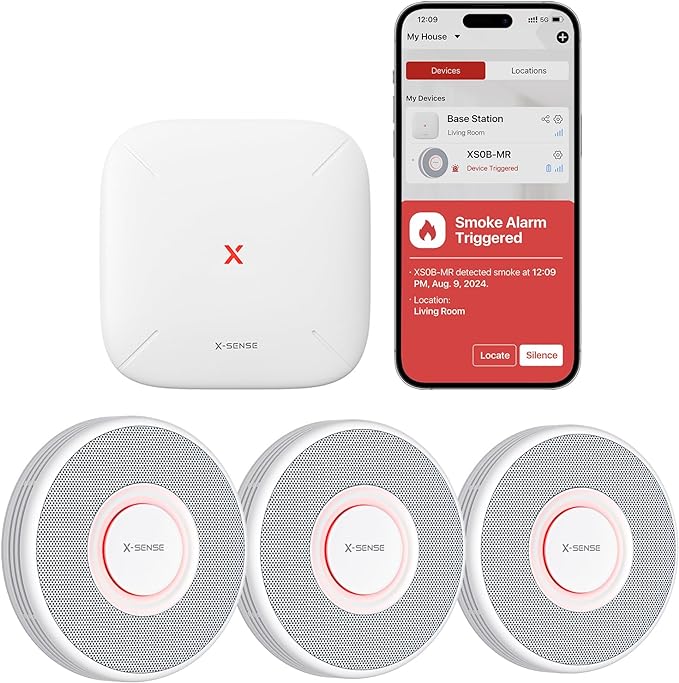 X-Sense Smart Smoke Detector with Voice Alerts and 17 Locations, Wi-Fi Smoke Alarm with SBS50 Base Station, Test from APP, Wireless Interconnected Fire Alarm, Model XS0B-MR31