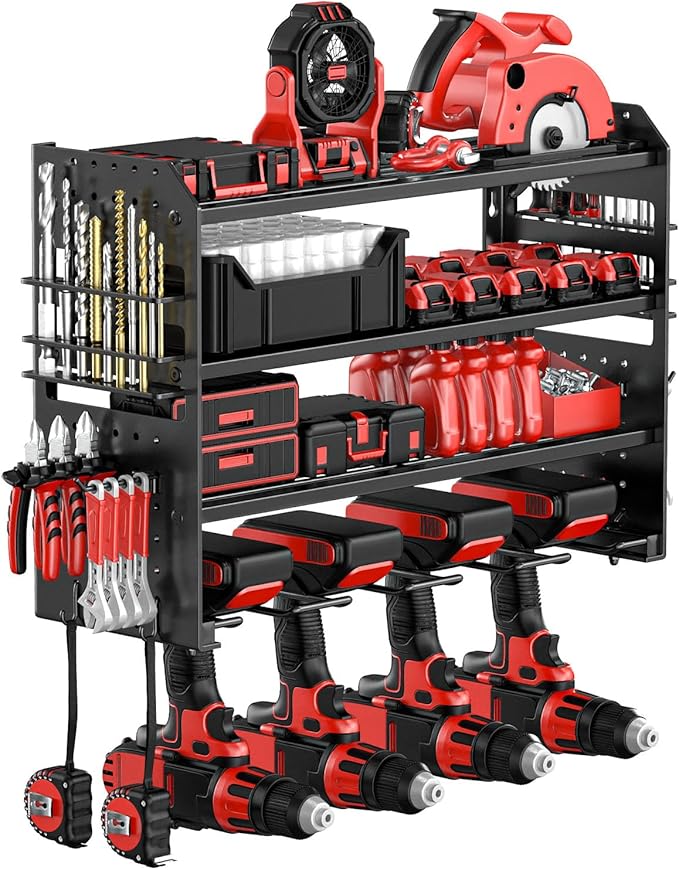 Power Tool Organizer Wall Mount, Metal Power Tool Storage Rack with Screwdriver Holder, Garage Tool Storage Shelves with Screwdriver Holder Plier Holder (Black, 4 Drills Holder)