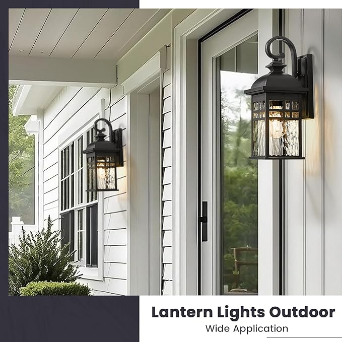 Outdoor Wall Lights Exterior Black Outdoor Light Fixtures Wall Mount with Water Ripple Glass Waterproof Anti-Rust Outside Wall Sconce Porch Lights for House Garage Doorway