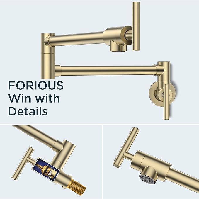 FORIOUS Gold Pot Filler Faucet Over Stove, Solid Brass Modern Wall Mount Commercial Folding Faucet with Stretchable Double Joint Swing Arms for Kitchen Restaurant