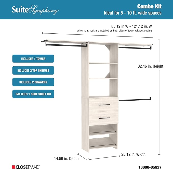 ClosetMaid SuiteSymphony 25-Inch Closet System Tower with (3) Hang Rods, (2) Drawers, (2) Angled Shoe Shelves, and (2) Top Shelves, White Timber