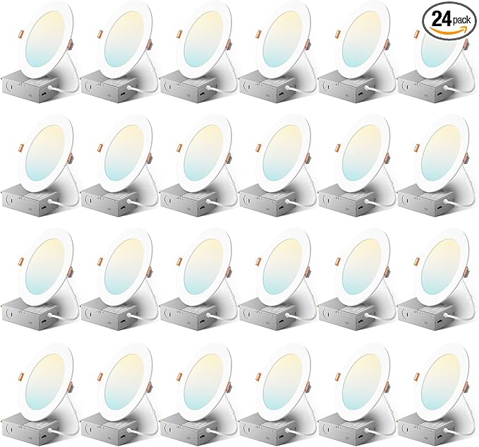 Amico 24 Pack 6 Inch 5CCT Ultra-Thin LED Recessed Ceiling Light with Junction Box, 2700K/3000K/3500K/4000K/5000K Selectable, 1050 Lumens, Dimmable Canless Wafer Downlight, 12W Eqv 110W-ETL&FCC