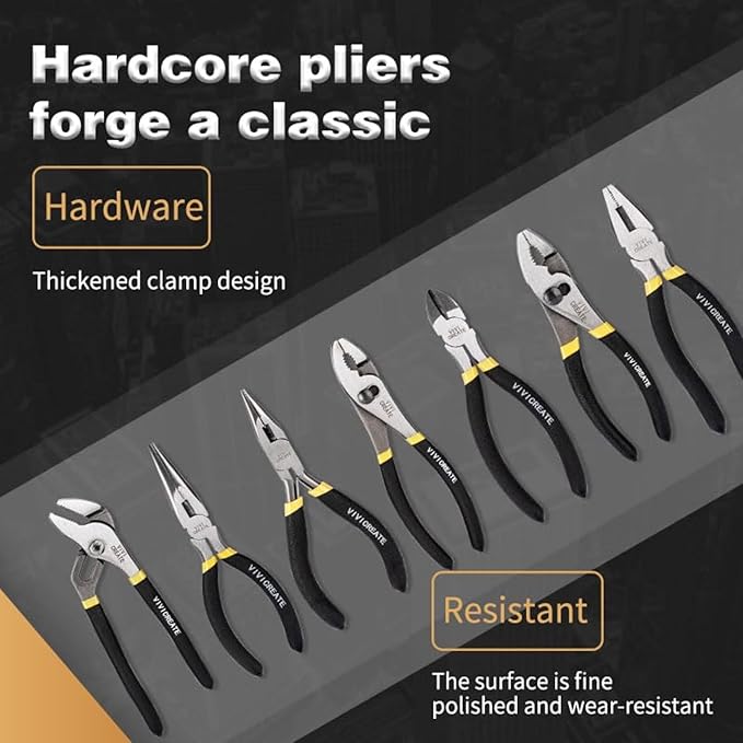 Vivicreate 7-Piece Pliers Set Heavy Duty Multipurpose Tools for Home Repair DIY Auto Electrical Work Includes Long Nose Slip Joint Linesman and Diagonal Pliers Alicates de Corte Herramientas