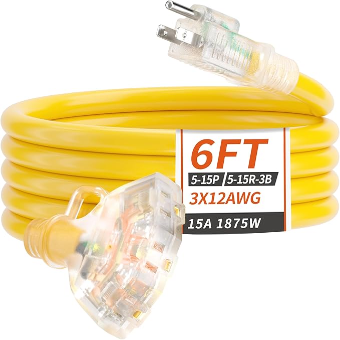 6 FT 12/3 Gauge Outdoor Extension Cord with Multiple Outlets Light Indicator, Flexible 3 Outlet Weatherproof Heavy Duty Extension Cord Waterproof Yellow, 15A 1875W 12AWG SJTW, ETL Listed