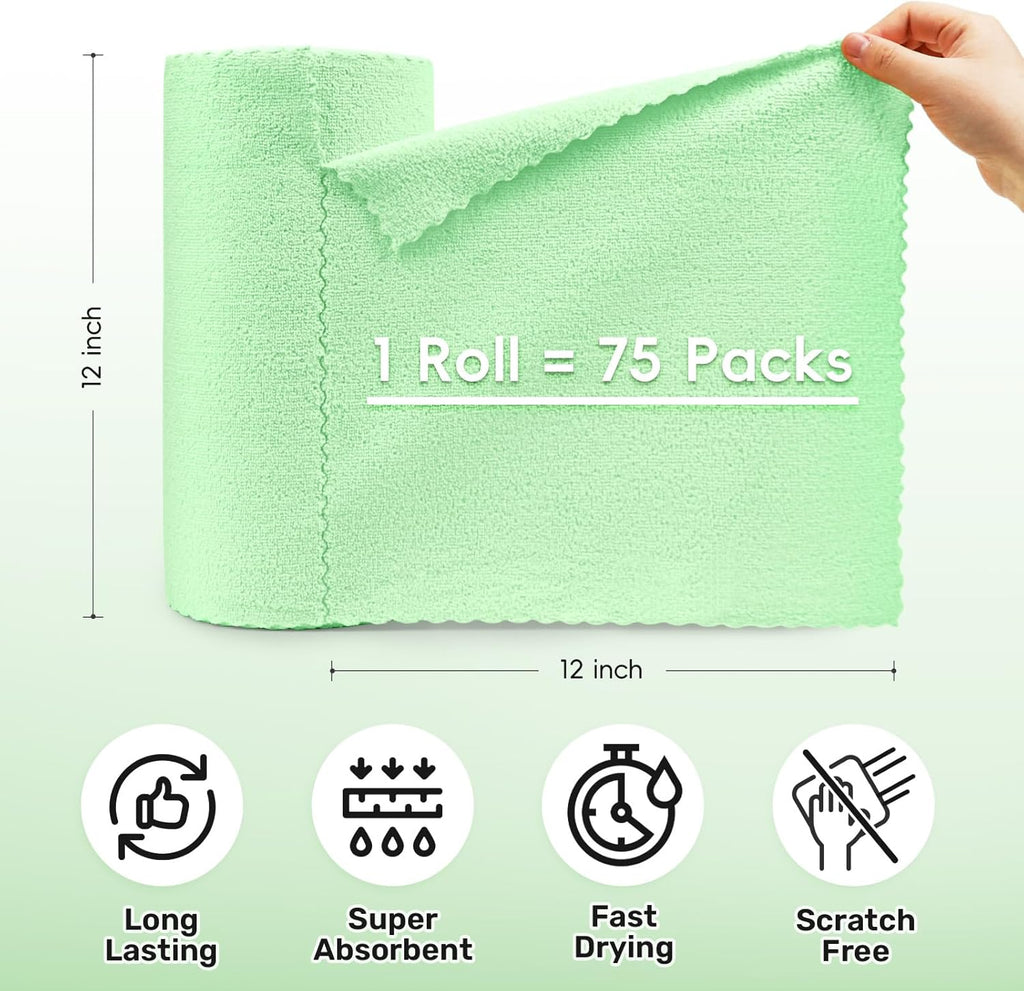 Microfiber Cleaning Cloths Roll, 75 Pack Tear Away Microfiber Towels Roll, 12" x 12" Lint Free Rags, Reusable Cleaning Cloths, Washable, Scratch Free,Ultra Absorbent Dish Rags(Green)