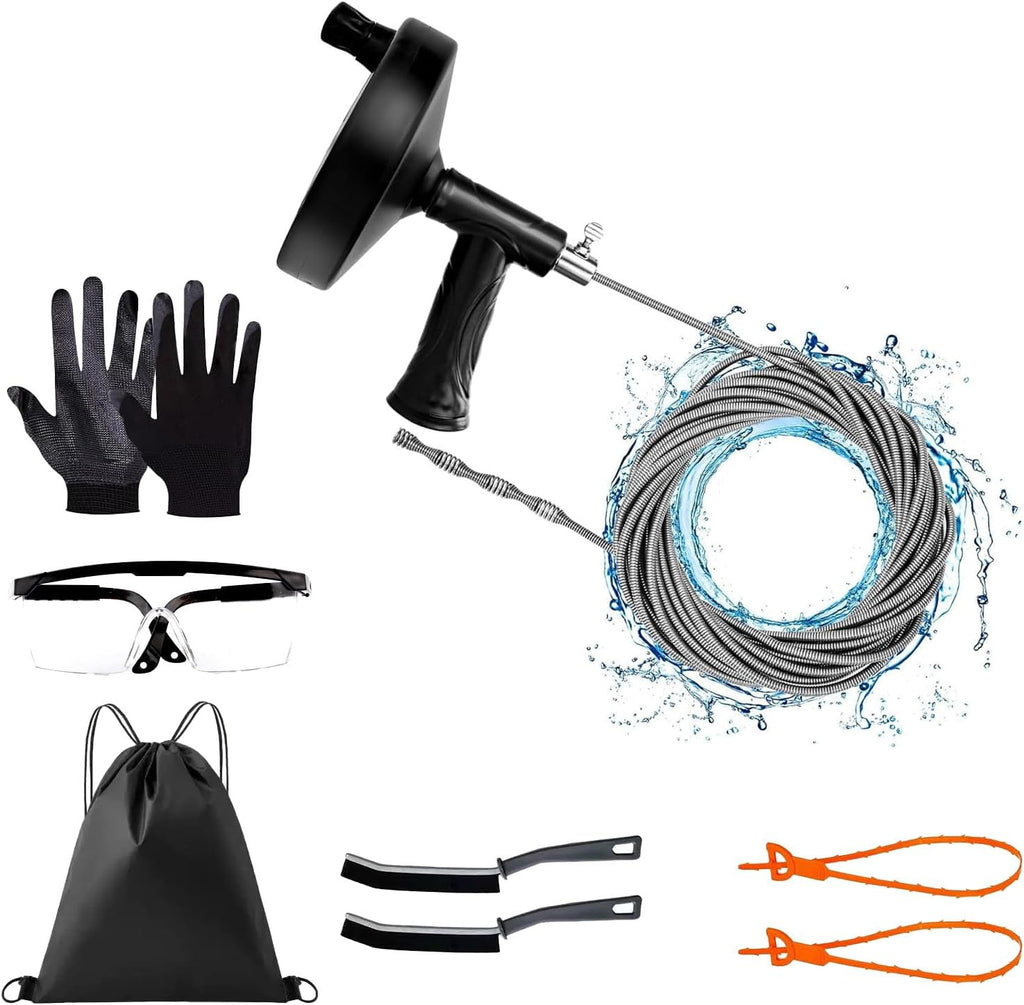 Drain Snake Auger 33 Feet，Spiral Drill Drain Cleaner for Toilet, Sink, Shower & Bathtub，Hair & Blockage Removal Tool ，Reusable Eco-Friendly Kit with Gloves & Safety Glasses