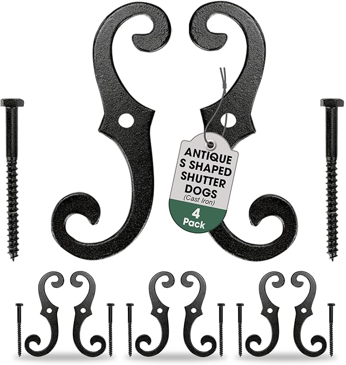 Renovators Supply Shutter Fasteners - Decorative S Style Shutter Dogs Hardware - Rust Resistant Powder Coated External Shutter Tieback Including Mounting Screws - 6.5 Inches, Cast Iron, Pack of 4