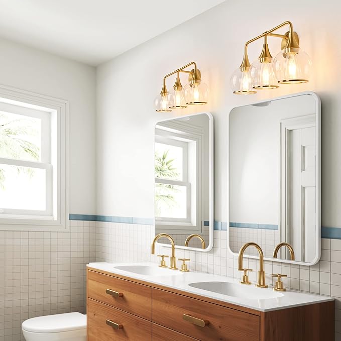 Gold Bathroom Vanity Light 3-Lights Bathroom Light Fixtures Over Mirror with Clear Glass Shade 22.4 inch Wall Sconce Lighting Bath(Exclude E26 Bulb)