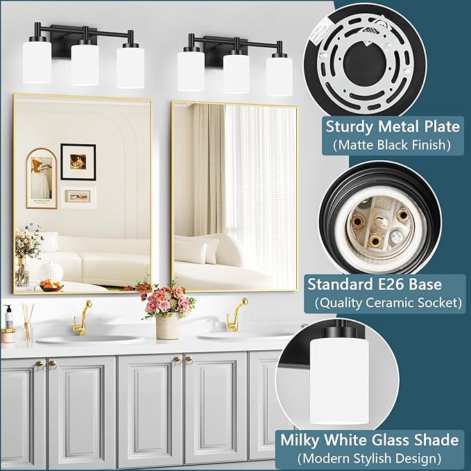 3-Light Bathroom Vanity Light Fixtures Over Mirror, Rustproof Vanity Lights for Bathroom, Modern Black Bathroom Lights Wall Mount with Milky White Glass Shades for Bedroom Living Room