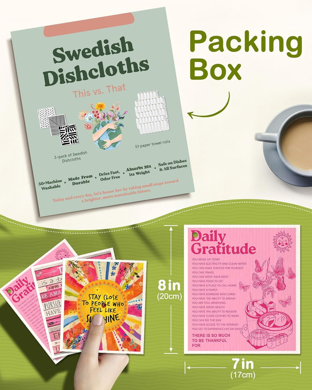 6 Pack Swedish Dishcloths for Kitchen - Reusable Dish Cloths for Washing Dishes Absorbent Cute Funny Kitchen Towels Cleaning Sponge, Positive Words