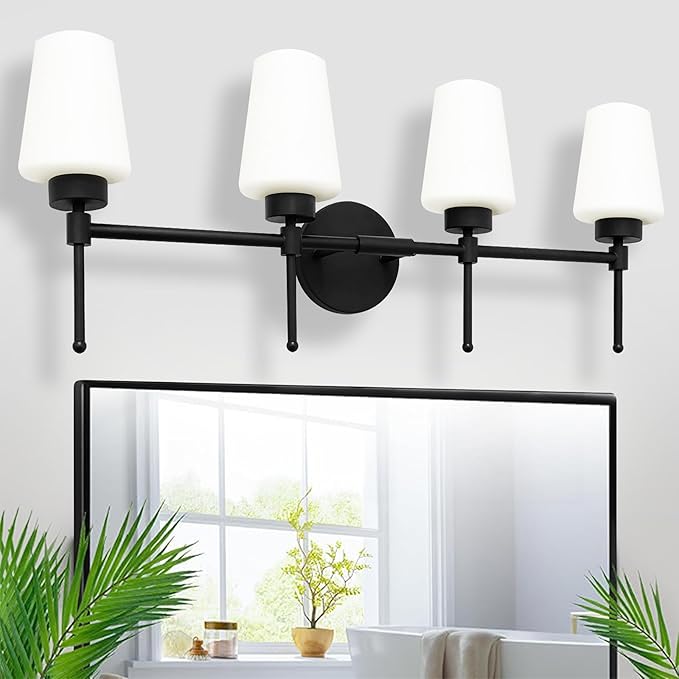 New Bathroom Vanity Light Fixtures 3 Lights Brushed Brass Glass Shade Modern Wall Bar Sconce Over Mirror (Brushed Black, 4T)