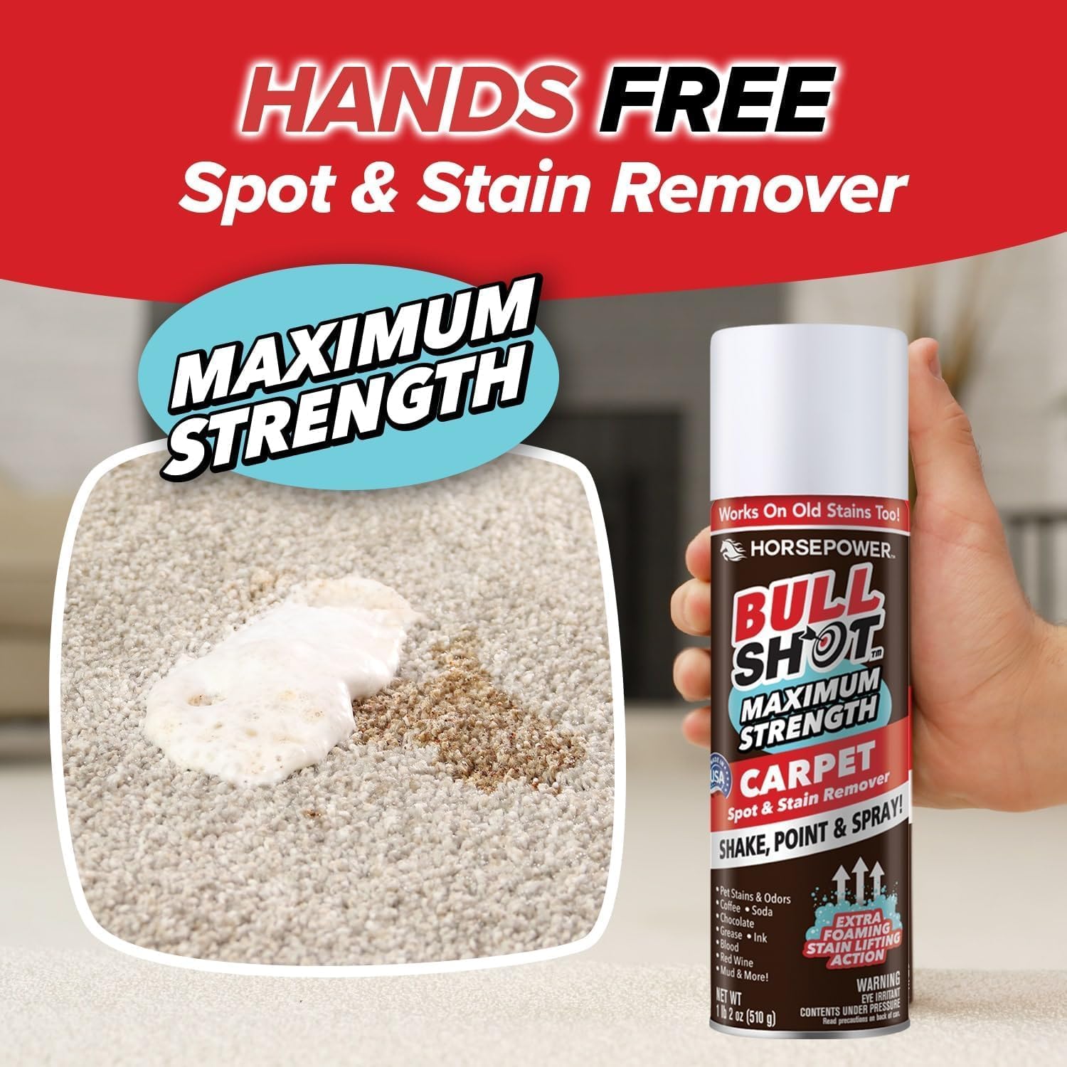 Bull Shot MAX Strength Carpet Spot & Stain Remover by Horsepower, AS SEEN ON TV, Made In US, Just Point & Spray, Stain-Lifting Foam Action, Pet Stains & Odors, Coffee, Wine, New & Old Stains & More