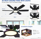 55in Black Flush Mount Ceiling Fan - RGB Low Profile Ceiling Fan Light with Remote-APP, Dimmable and 3CCT, Modern Fan with RGB Light for Indoor and Covered Outdoor