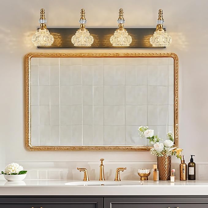 Bathroom Light Fixtures, Modern Glass Crystal Bathroom Vanity Light Vintage Bathroom Lighting Fixtures Over Mirror 4 Light Vanity Lights G9 Bulb (27.55 Inch, Black Gold)