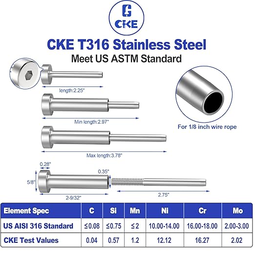 CKE 10 Pairs Invisible Cable Railing Kit, 1/8" Invisible Receiver and Swage Stud End Tensioner Terminal Hidden for 2"x2", 4"x4" Wood/Metal Post, T316 Stainless Steel Deck Cable Railing Hardware, CR31