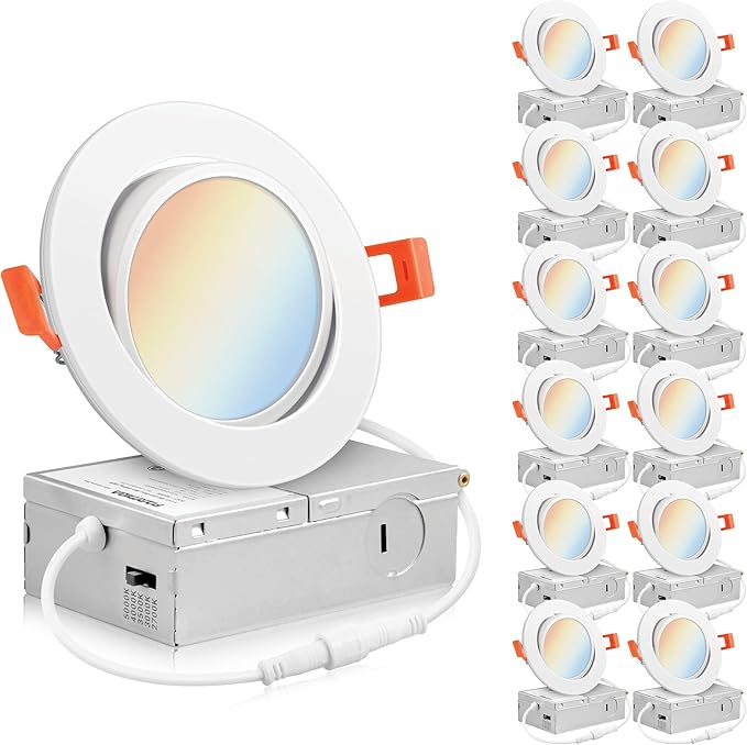 PARMIDA (12 Pack) 4 Inch LED Gimbal 5CCT Recessed Lighting, Directional Adjustable Canless Ceiling Light with J-Box, 2700K-5000K 5 Color Selectable, 9W, Eyeball Ultra-Thin Slim Panel, Dimmable, ETL