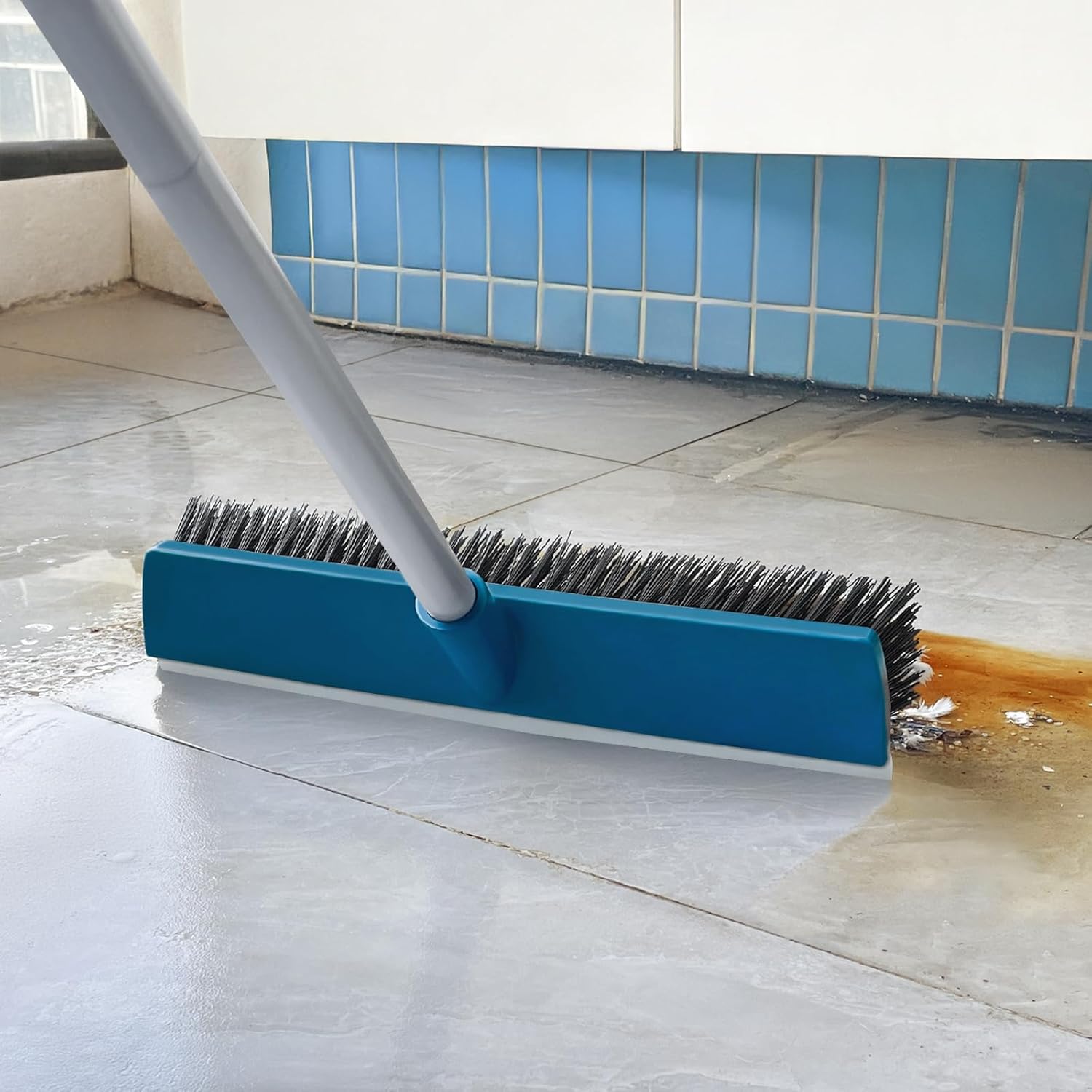 16-Inch Push Broom Outdoor with Rubber Squeegee and 58" Long Handle, 2 in 1 Commercial Broom Brush with Stiff Bristles for Deck Patio Garage Warehouse Driveway Concrete Floor Cleaning Scrubbing