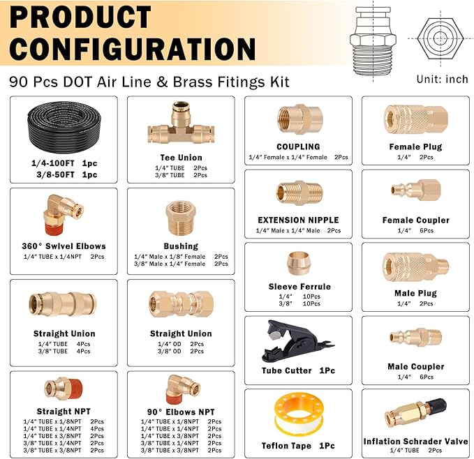 CheeMuii 86 PCS Brass DOT Air Line Fittings with 100FT 1/4" and 50FT 3/8" DOT Air Line Kit Push Lock Air Fitting Quick Connect & NPT Thread Fittings with Pneumatic Tubing