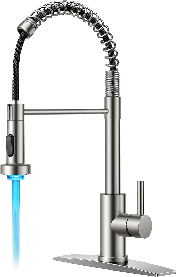 FORIOUS LED Kitchen Faucet with Pull Down Sprayer, Brushed Nickel Modern Single Handle Stainless Steel Commercial Spring Sink Faucet with LED Light for Pot Filler, Farmhouse Camper Bar Laundry Room