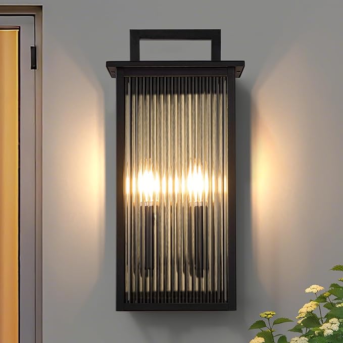 17.92INCH Large Outdoor Wall Lights, Dusk to Dawn Outdoor Lighting with Elegant Striped Glass, Waterproof Exterior Lighting Fixtures Modern Outside Sconce for Porch, Patio, Doorway