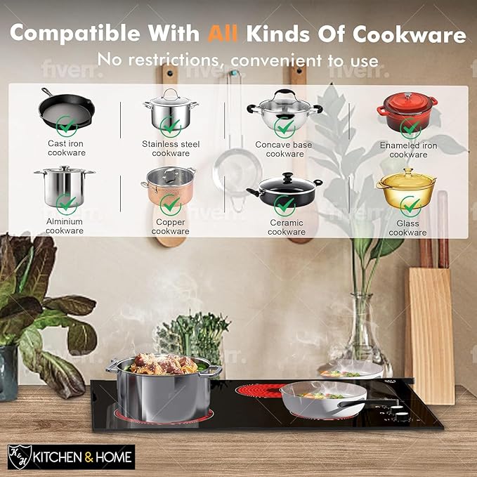 K&H 4 Burner 30 Inch Built-in Electric Stove Top Radiant Ceramic Cooktop Knob Control 240V 7200W CE30-7206K