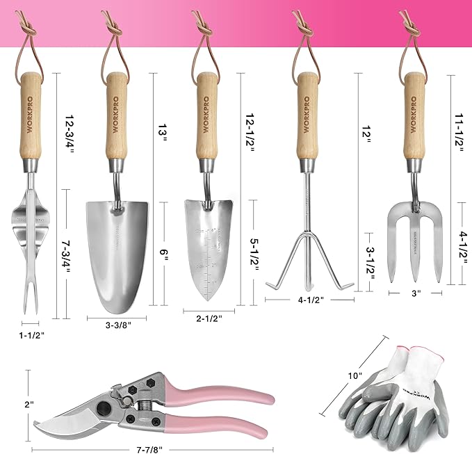 WORKPRO 8-Piece Pink Garden Tool Set, Stainless Steel Gardening Tools with Wood Handle, Including Garden Tote, Gloves, Trowel, Hand Weeder, Cultivator and More, Gardening Gifts For Women - Pink Ribbon