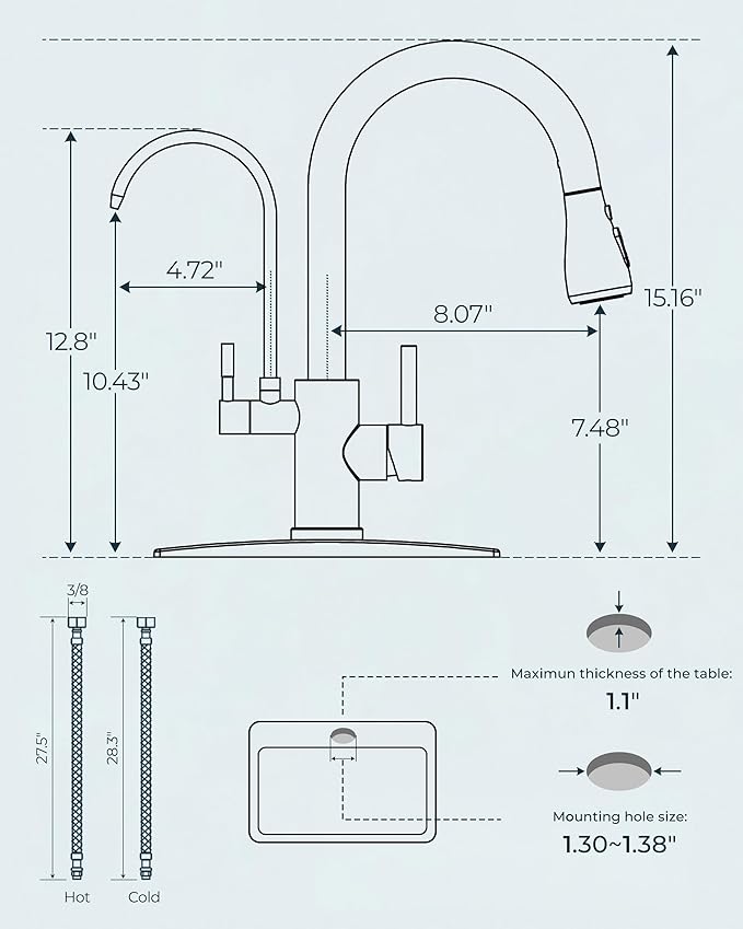 FORIOUS Black Kitchen Faucets with Water Filter, 2 in 1 Stainless Steel Pull Down Sink Faucet and Purfied Water Faucet High Arc Single Handle with Detachable Deck for 1 or 3 Hole