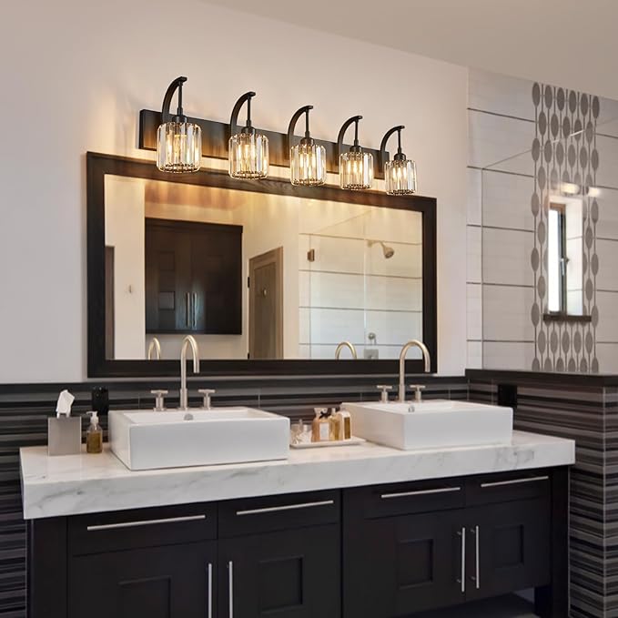 5-Light Crystal Vanity Light, Modern Black Bathroom Wall Sconce with K9 Crystal Shades, 42.51" Long Over Mirror Lighting for Vanity, Makeup, Hallway, Elegant & Easy Installation