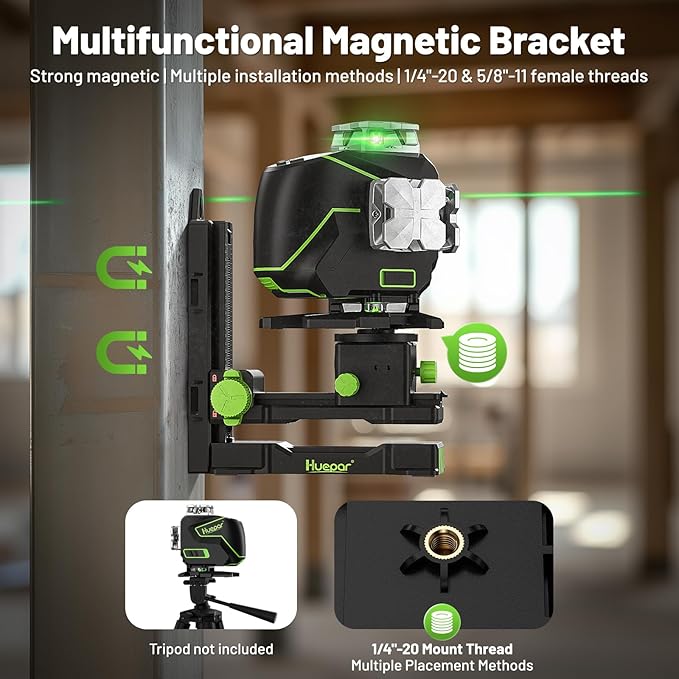 Huepar 16 Lines Self Leveling Laser Level 4x360° Cross Line Laser with Receiver -LCD Screen, 4D Bluetooth Green Beam Tiling Floor Laser Tool, 360° Horizontal/Vertical Laser Kit -Remote Control S04-5RG