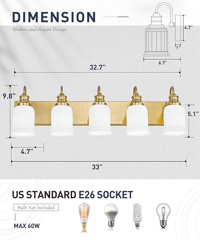 5-Light Bathroom Vanity Light, HWH Brushed Gold Bathroom Lighting Fixtures Modern Vanity Sconce Over Mirror 33'' with Frosted White Bell-Shaped Glass, 5HZG106B-5W BG