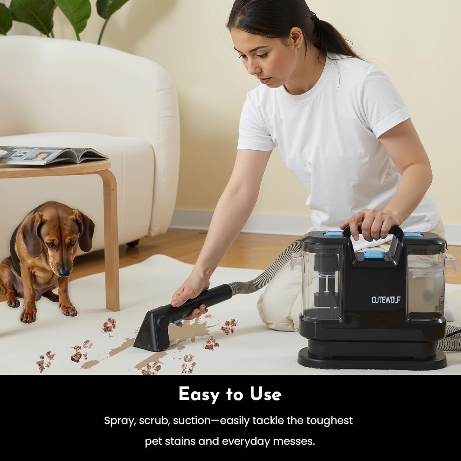 Cutewolf Portable Carpet & Upholstery Cleaner Machine, Handheld Spot Remover, 16Kpa Strong Suction Multi-purpose Deep Cleaner for Couch, Car, Stairs, Rugs, Pet Stains