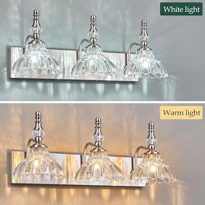 Vintage Bathroom Vanity Light, 3-Light Brushed Nickel Vanity Lighting Fixture with Flower Glass Shade, Bathroom Lighting Fixtures Over Mirror