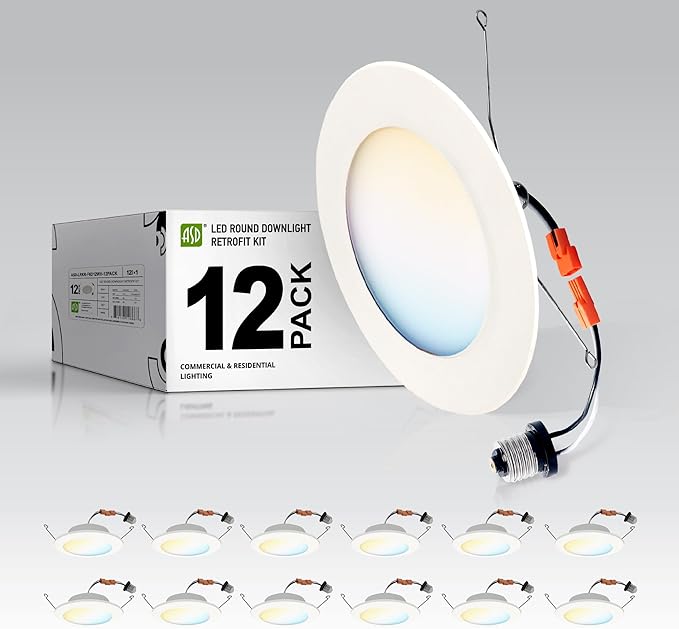 ASD Flat Trim Retrofit LED Recessed Lighting 6 Inch | Ultra Thin White 12W 1021LM Wet Rated Dimmable Downlights | 2700K-5000K Adjustable LED Recessed Light Fixtures | Disk Can Lights, ETL 12 Pack