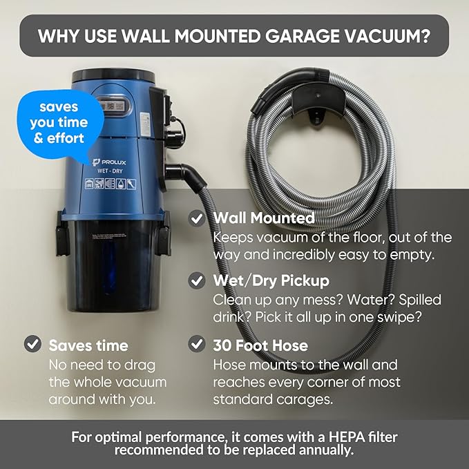 Prolux Professional Shop Blue Wall Mounted Garage Vac, Wet Dry Pick Up