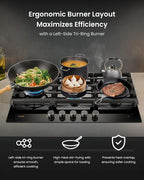 FOTILE GLG36501 36” Black Tempered Glass 5-Burner Gas Cooktop, Tri-Ring 18,000 BTUs Left Burner with Flame Failure Protection Removable Grates and Installation/LP Kit