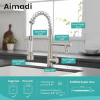 AIMADI Commerical Kitchen Faucet with Sprayer,Single Handle Pull Down Sprayer Kitchen Sink Faucet with LED Light Two Spout,Brushed Nickel