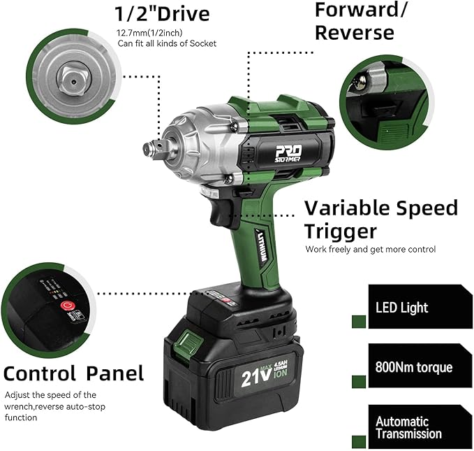 Prostormer 800N.m(580Ft-lbs) Cordless Impact Wrench, 1/2" Brushless High Torque Impact Gun Kit for Car Home, 2x4.5Ah Rechargable Batteries, Charger & 8 Sockets
