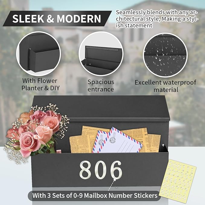 Wall Mount Mailbox, Large Capacity for House, Outside, with 3 Sets of 0-9 Number Stickers & Flower Planter, Galvanized Steel Rust-Proof Metal Post Drop Box, 15.74"×9.84"×6.41" Black