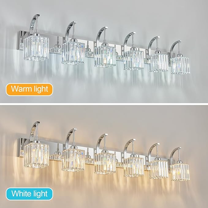 Crystal Vanity Lights 6-Light Chrome Bathroom Vanity Lights Modern Crystal Bathroom Light Fixtures Over Mirror 51.18" Long Vanity Light for Bathroom