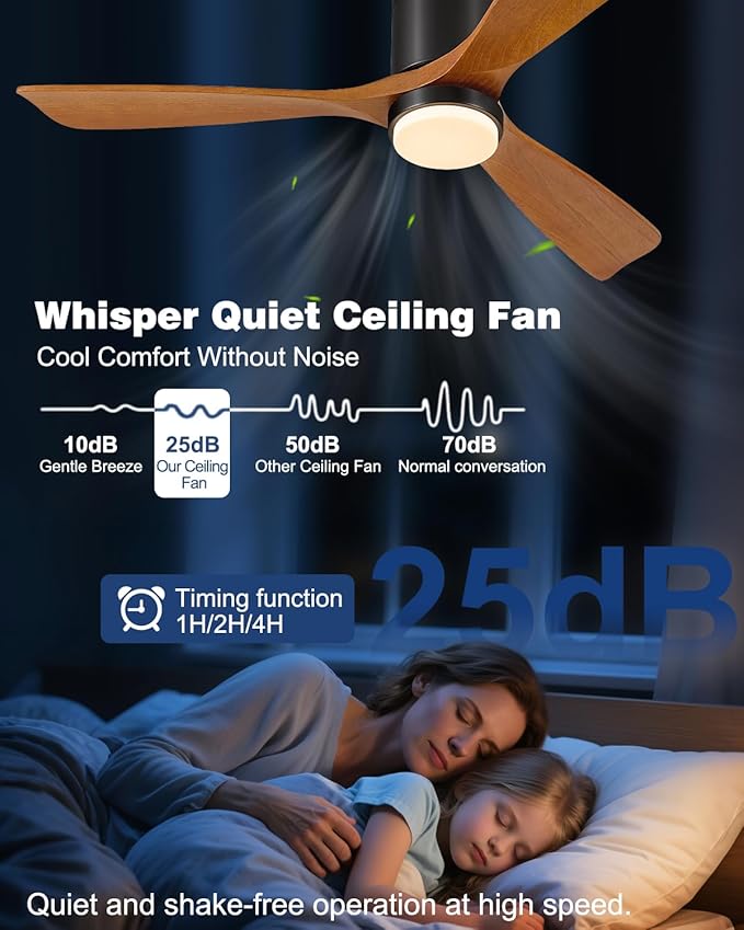 60 Inch Ceiling Fans with Lights Remote, 60" Flush Mount Outdoor Ceiling Fan Exterior Ceiling Fan, 3 Wood Blades, 6 Speeds, Timer, Quiet DC Motor Modern Low Profile Fans for Patio Porch