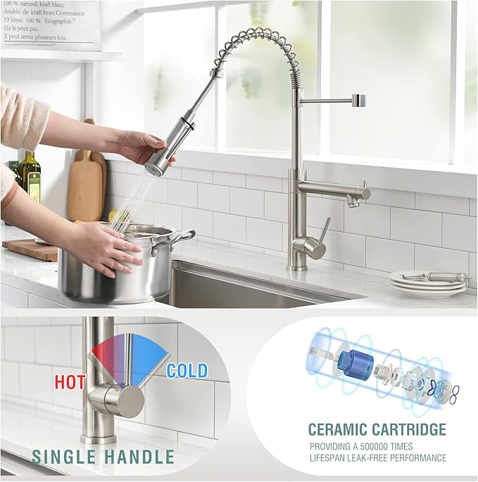 Fapully Commercial Kitchen Sink Faucet, Pull-Down Sprayer Kitchen Faucets Brushed Nickel