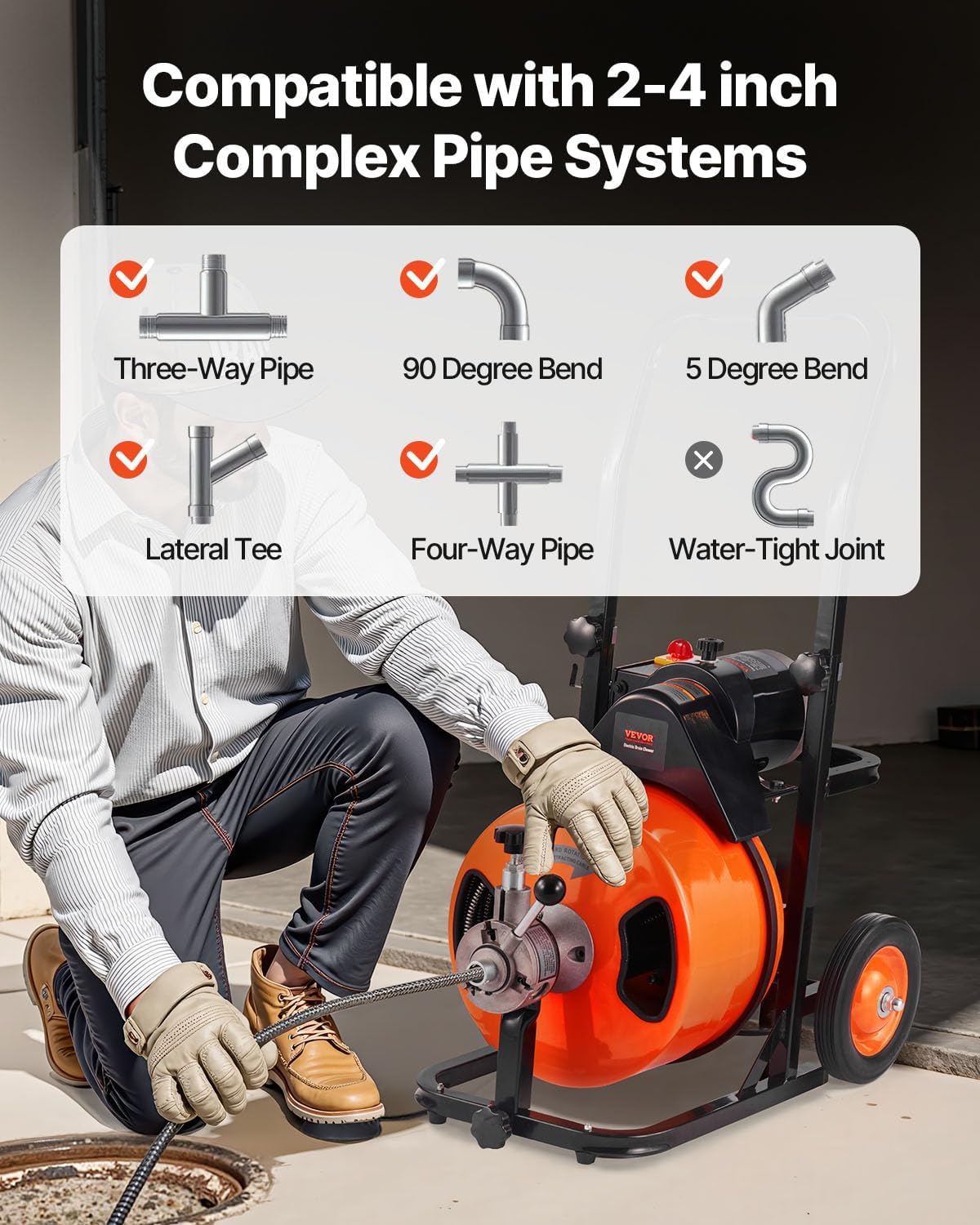 VEVOR Drain Cleaner Machine 75FT x 1/2Inch, Auto Feed Sewer Snake Auger with 4 Cutter & Air-activated Foot Switch for 2" to 4" Pipes, Orange, Black