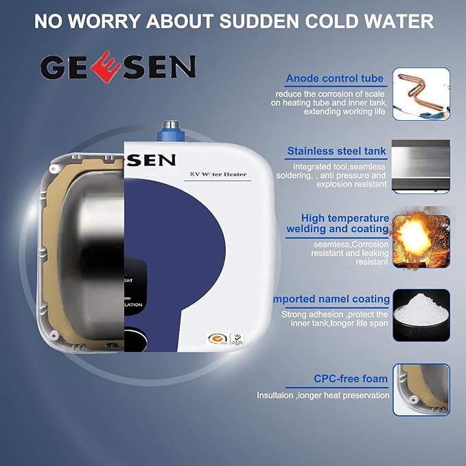 2.5 Gallon Mini Hot Water Heater 1500W, Small Under Sink Counter RV TR Endless Trailer Kitchen Compact Point-of-Use, 16” Long 1/2”FIP Stainless Steel Water Hoses 9L