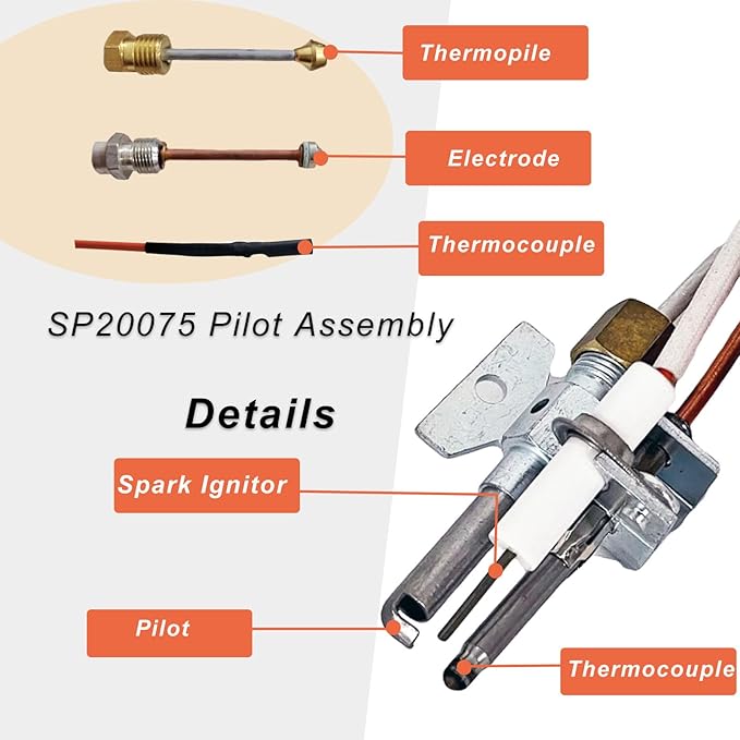 SP20075, SP20305A Pilot and Igniter Assembly Replacement Kit Compatible with GE, Richmond, Rud, Rheem Natural Gas Water Heater Parts, Includes Pilot Assembly, Burner Door Gasket, Screws, Clips