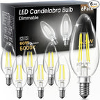 VOLIVO Dimmable E12 LED Candelabra Bulbs 60Watt Equivalent, 5000K Warm White, 500Lumens, 4.5W B11 Vintage Chandelier Light Bulbs, LED Filament Clear Glass Candle Lamp for Ceiling Fan Home Decor, 6Pack